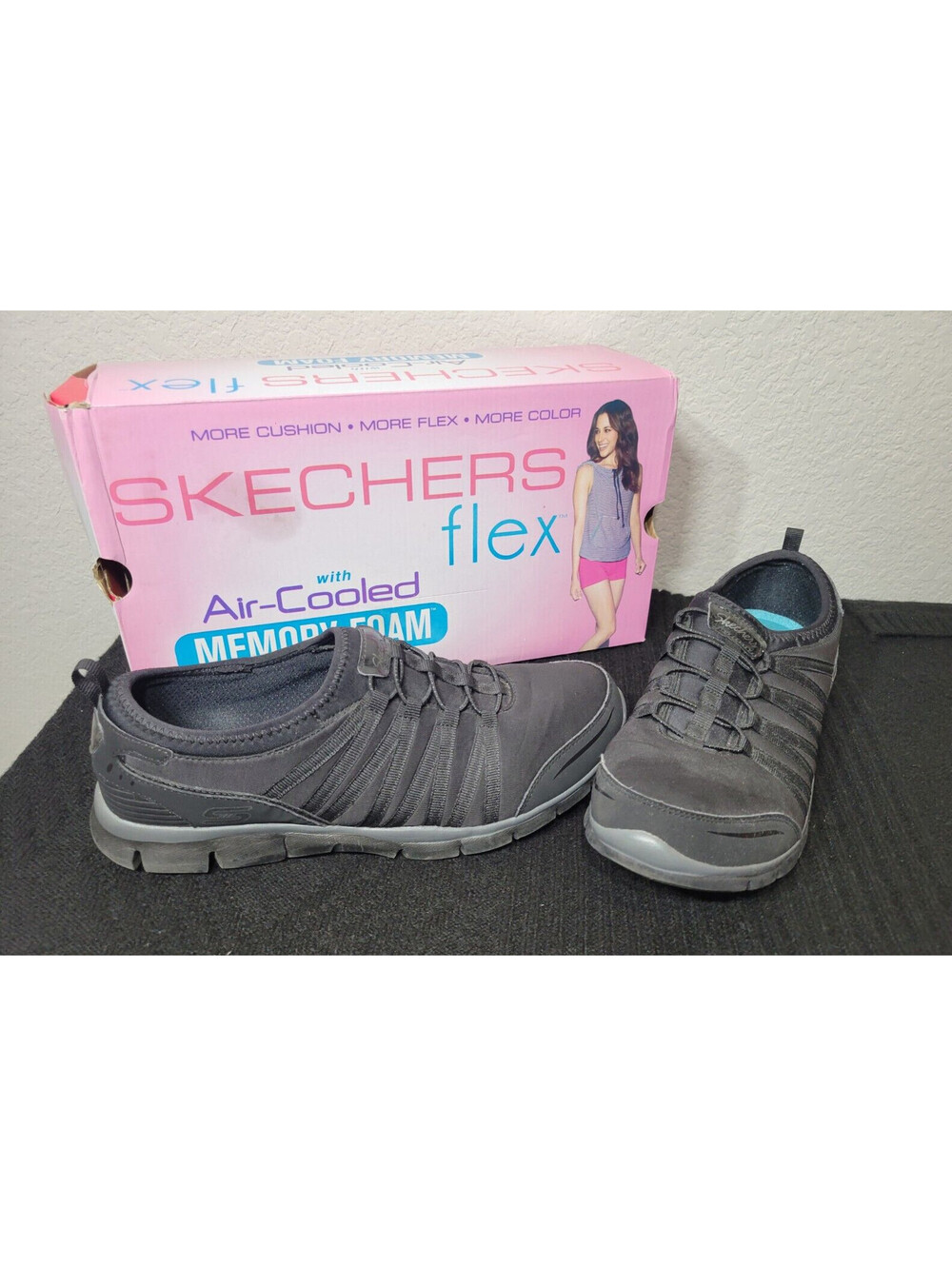 Skechers Womens Flex Shake It Off 22602 Black Sneakers Shoes Slip On Size 9